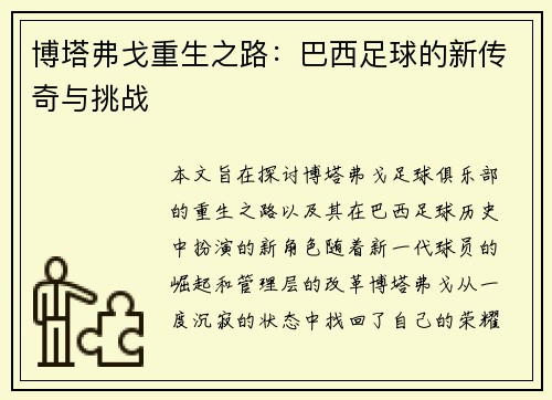 博塔弗戈重生之路:巴西足球的新传奇与挑战 博塔弗戈重生之路:巴西足球的新传奇与挑战